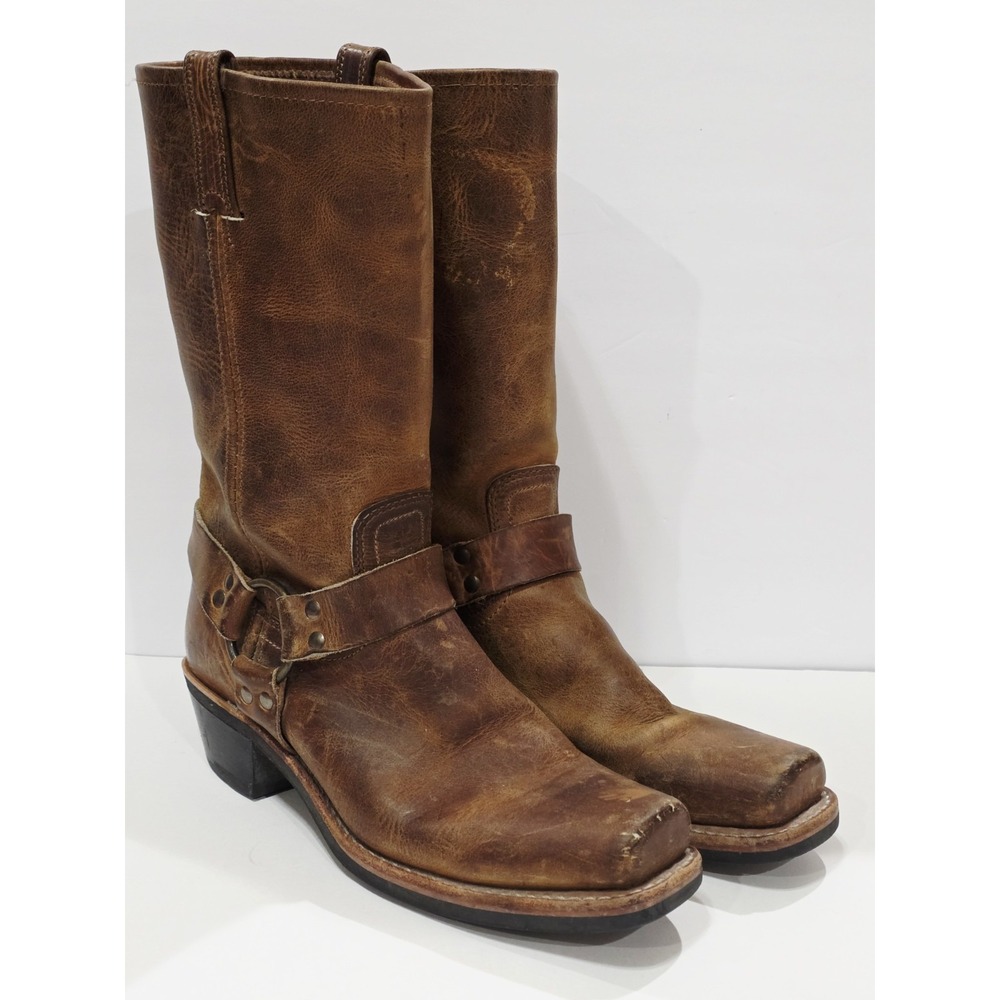 Frye 77300 Tan Brown Leather Boot Riding Moto Harness Women Biker 10 M Used RARE - Picture 2 of 16